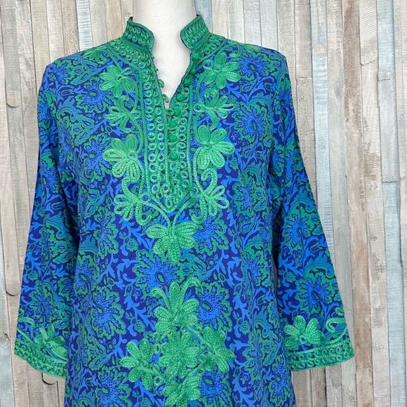 Gretchen Scott XS Embroidered Tunic Dress Mini Shift Blue Green Paisley Printed - Picture 4 of 8